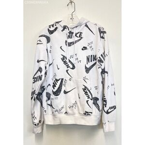 Nike White Juniors Hoodie Sweatshirt All Over Printed logo - Size‎ Medium